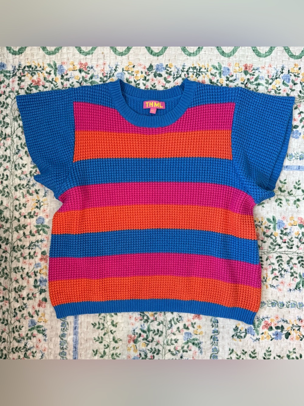 THML Colorblock Striped Waffle Knit Short Sleeve Sweater Top Large